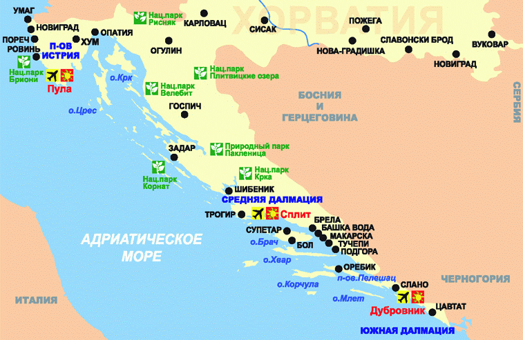 Карта курортов Хорватии Карта курортов Хорватии
