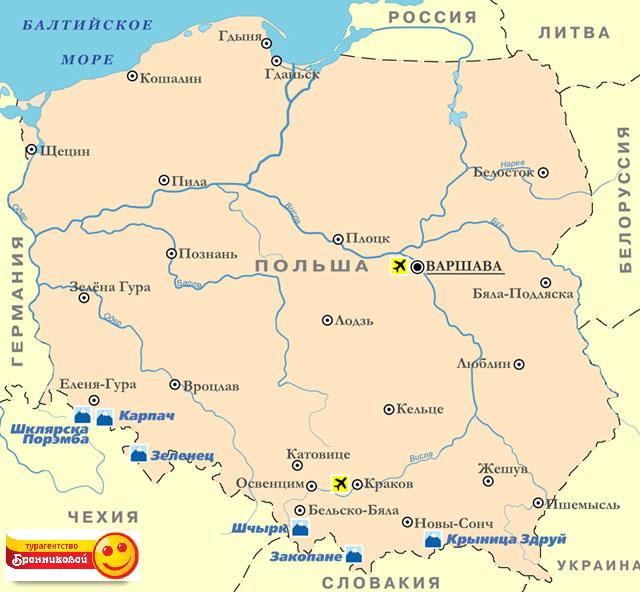 Карта горнолыжных курортов Польши Карта горнолыжных курортов Польши