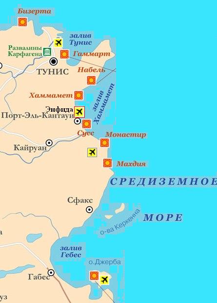 Карта побережья и курортов Туниса Карта побережья и курортов Туниса